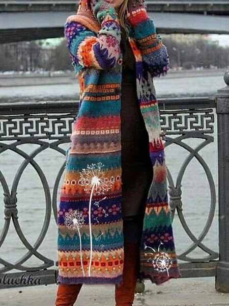 

Vintage Floral-Print Rainbow Coat Long Outerwear, Multicolor, Outerwear
