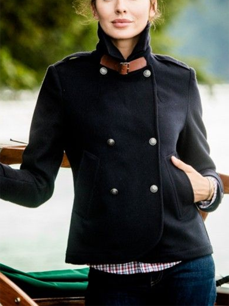 

Plain Long Sleeve Lapel Jacket, Navy blue, Jackets