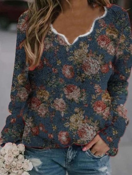 

V Neck Long Sleeve Sweater, Blue, Sweaters