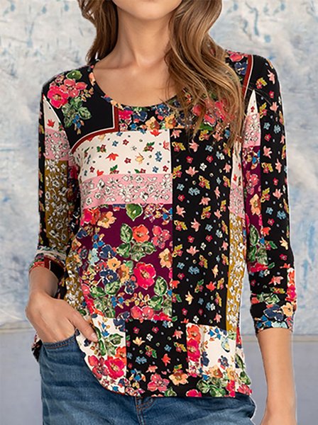 

Boho Long Sleeve Crew Neck Top, As picture, Tops