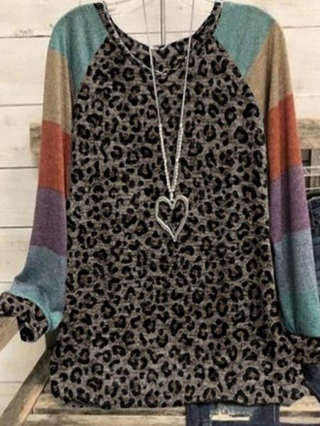 

Color Block Leopard V Neck Long Sleeve Casual T-shirt, Multicolor, Tees & T-shirts