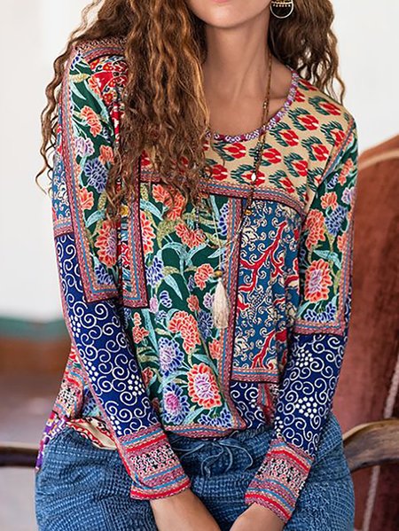 

Floral Long Sleeve Cotton-Blend Vintage Shirts & Tops, Blue, Tops