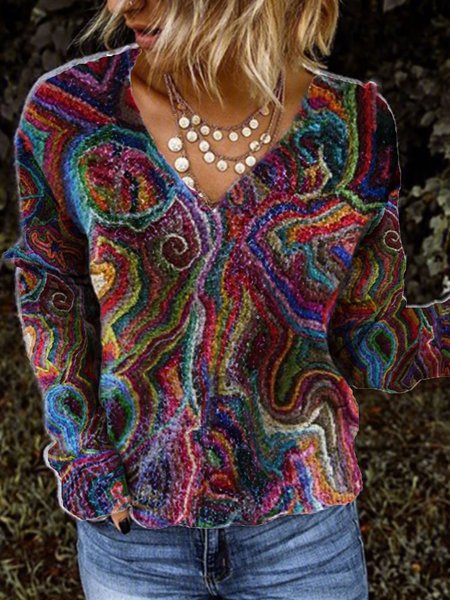 

Vintage Patchwork V Neck Shirts & Tops, Multicolor, Tops
