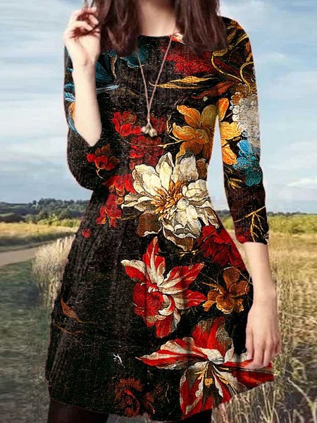

Round Neck Printed Vintage Dresses, Multicolor, Dresses