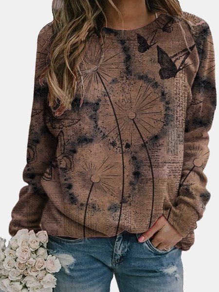 

Dandelion Print Long Sleeve Crew Neck Sweatshirt, Coffee, Tops