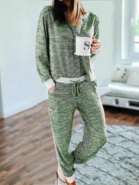 

Vintage a Righe Maniche Lunghe Girocollo Abbottonato Casuale Suits, Verde, Jumpsuits