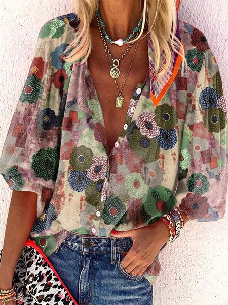 

Vintage Geometrico Stampata Floreale taglia grande Maniche Lunghe Scollo a V Casuale Camicia Top, Rosso, Blouses & Shirts