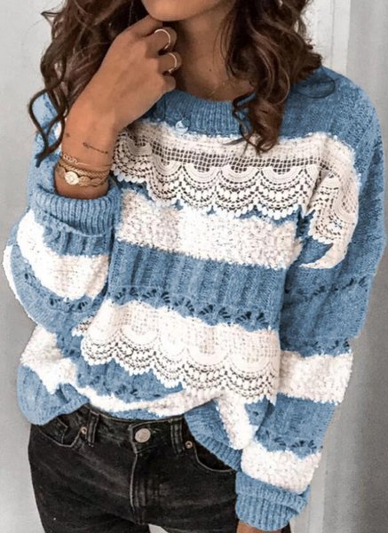 

Crew Neck Shift Long Sleeve Casual Sweater, Blue, Sweaters