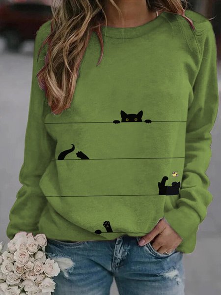 

Car Print Stripe Long Sleeve Round-neck Casual Sweatshirt, Green, Tops