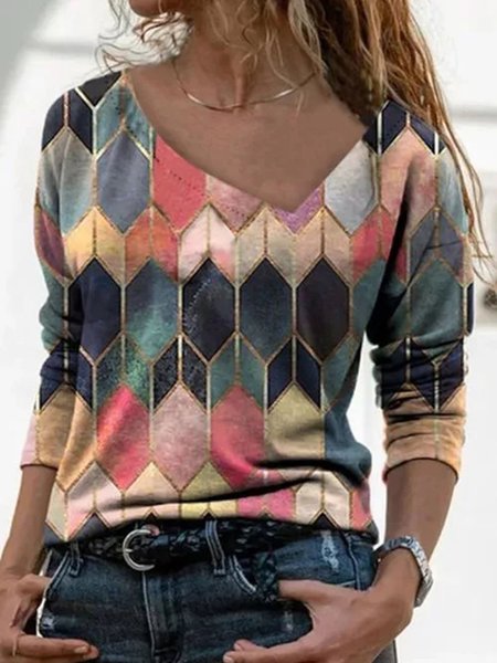 

Color Block Casual V-Neckline Long Sleeve blouse, Pink, Tops