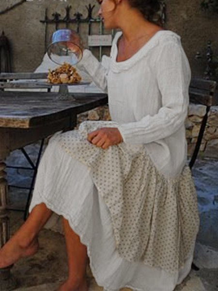 

Casual Cotton-Blend Crew Neck Weaving Dress, White, Dresses
