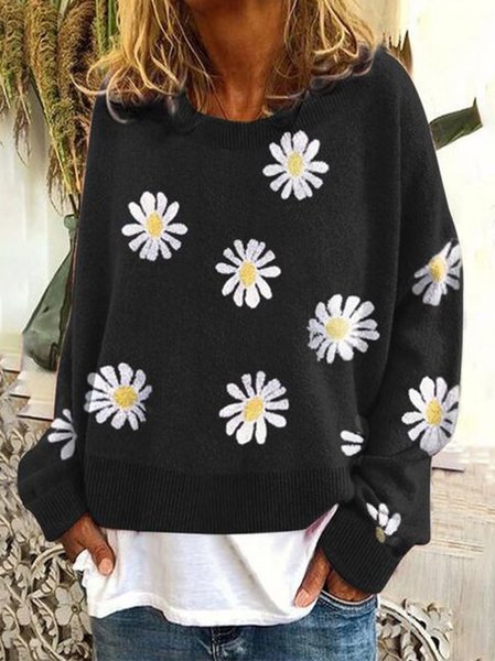

Floral Crew Neck Casual Acrylic Sweater, Black, Sweaters