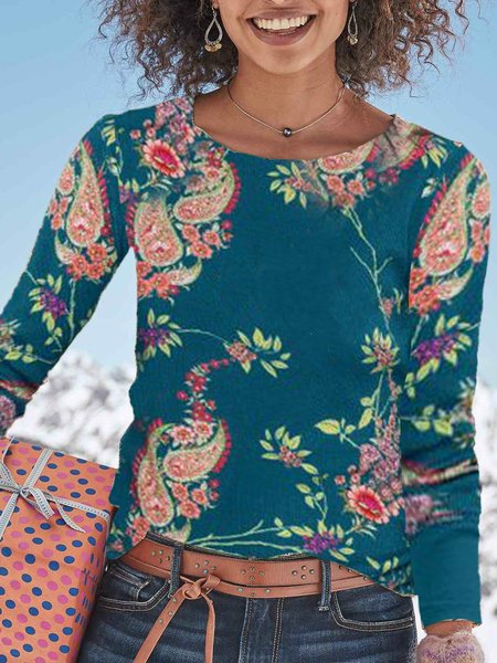 

Cotton Crew Neck Vintage Top, As picture, Tops