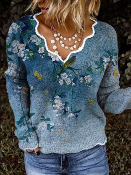 

Women Vintage Floral Printed Cotton-blend V neck Gradient Blue Sweater, Knitwear & Sweaters