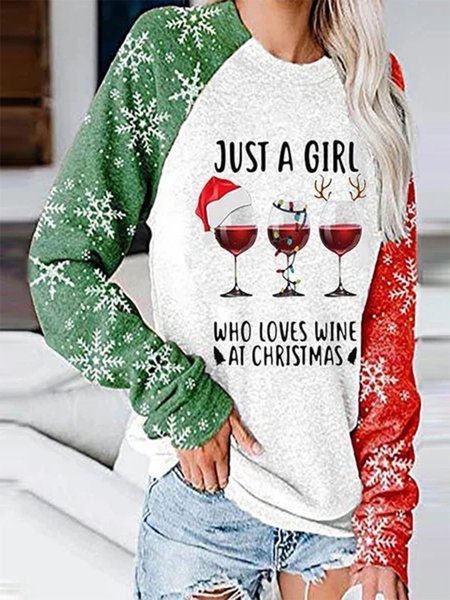 

Christmas Wine Glass Snowflake Long Sleeve Print Sweatshirt, White, Auto-clearance