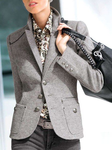

Lapel Plain Casual Long Sleeve Fleece Coat, Gray, Blazers