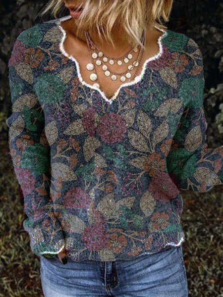 

Printed Floral V Neck Long Sleeve Tops, Multicolor, Knitwear & Sweaters