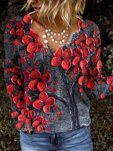

New Fashion Plus Size Chic Shift V Neck Long Sleeve Sweater Casual Tops, Red, Knitwear & Sweaters