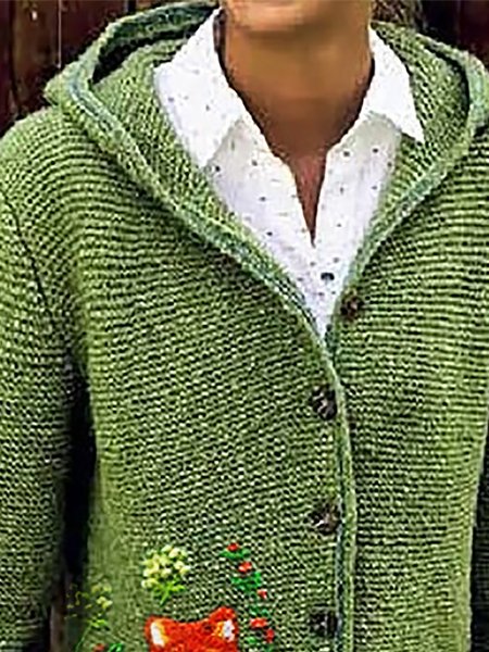 

Animal Crew Neck Shift Long Sleeve Sweater, Army green, Sweaters