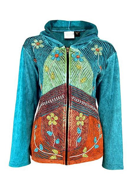 

Floral Cotton-Blend Long Sleeve Shift Jacket, Blue, Coats