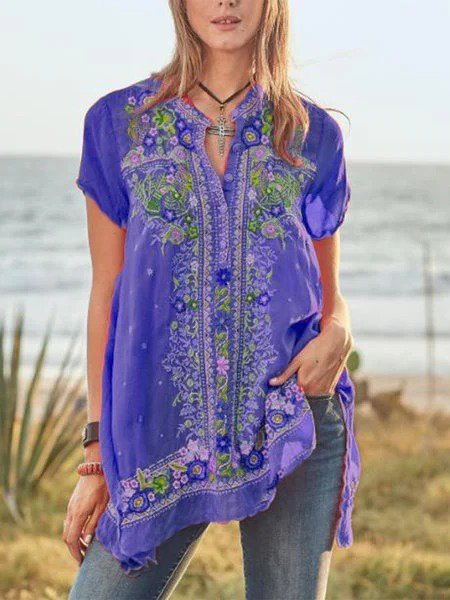 

Camicie Casuale con Maniche Corte con Scollo a V, Blu, Blouses & Shirts