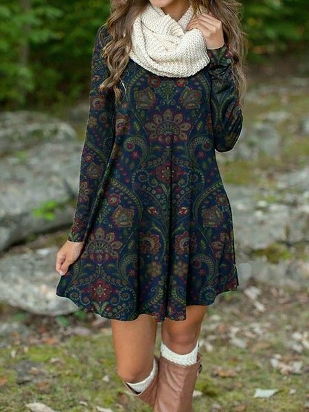 

Abito Maniche Lunghe Casuale Misto Cotone, Blu marino, Mini Dresses