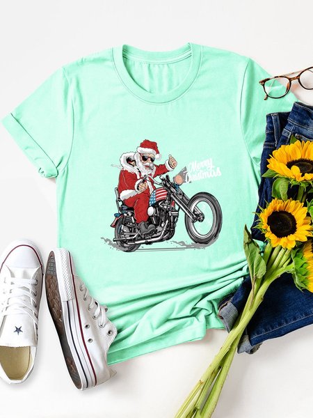 Santa Claus Motorcycle Merry Christmas Graphic Tee, Mint, T-shirts
