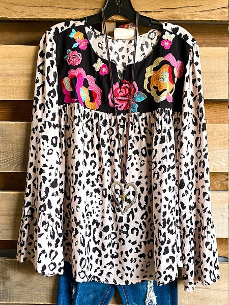 

Casual Leopard Cotton-Blend Shift Shirts & Tops, Tops