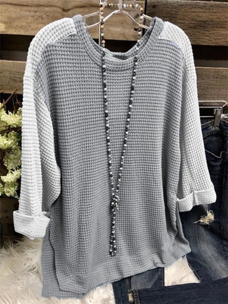 

Blue Long Sleeve Cotton-Blend Round Neck Sweater, T-Shirts