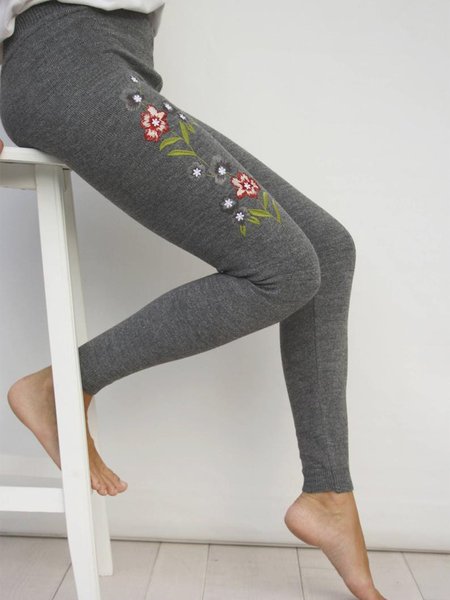 

Floral Casual Embroidered Leggings, Gray, Bottoms