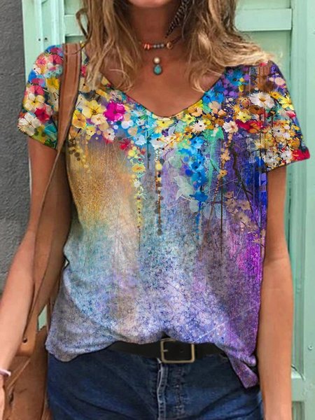 

Colorful Flower Painting V Neck Short Sleeve Shirts & Tops, Purple, Tees & T-shirts
