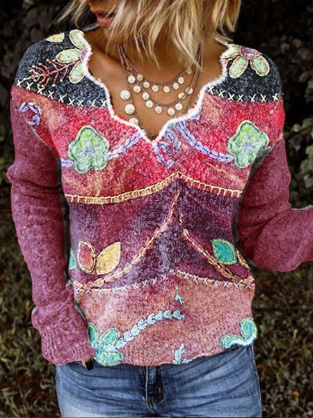 

V Neck Long Sleeve Vintage Shirts & Tops, Purple, Winter Clearance
