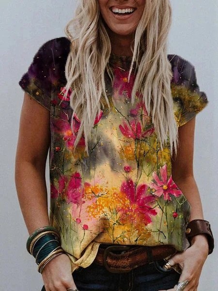 

Colorful Flower Painting Short Sleeve Crew Neck Casual T-shirt, Yellow, T-Shirts