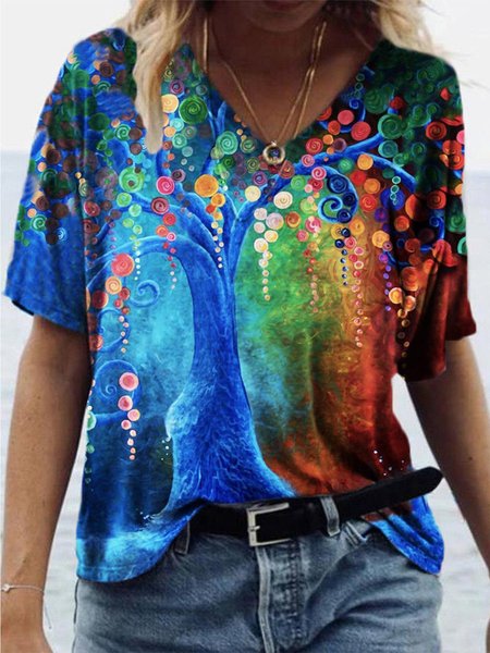 

Casual Colorful Painting Shift V Neck T-shirt, Blue, T-Shirts