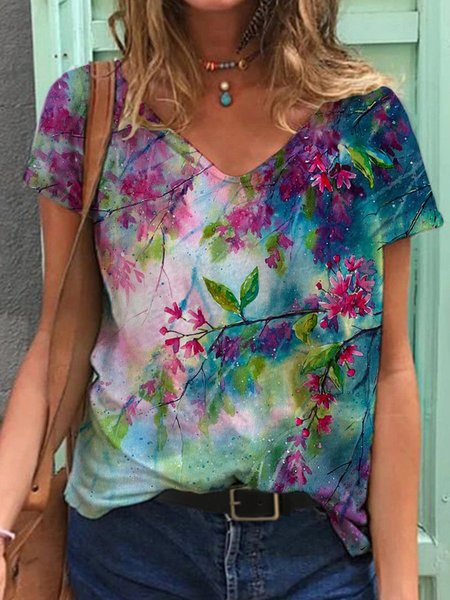 

Colorful Flower Painting V Neck Short Sleeve T-shirt, Multicolor, T-Shirts