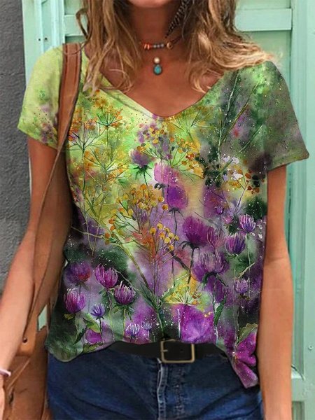 

Colorful Flower Painting V Neck Shift Casual T-shirt, Purple, T-Shirts
