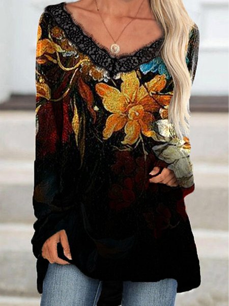 

Top Scollo a V Maniche Lunghe Misto Cotone, Nero, Blouses & Shirts