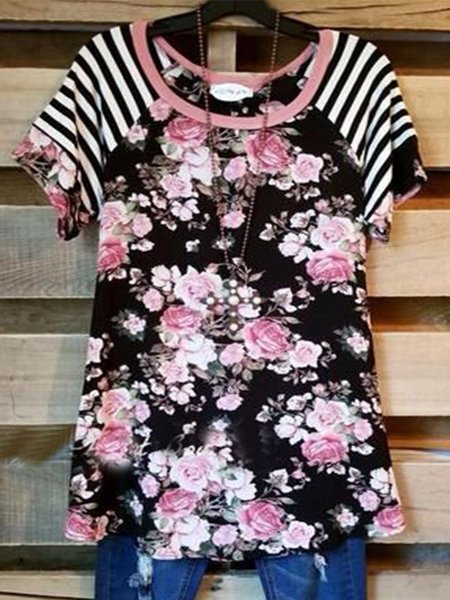 

Crew Neck Floral Short Sleeve Shirts & Tops, Multicolor, Tops