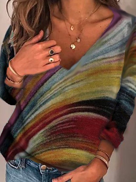 

Casual Cotton-Blend Geometric V Neck Tops, As picture, Tops