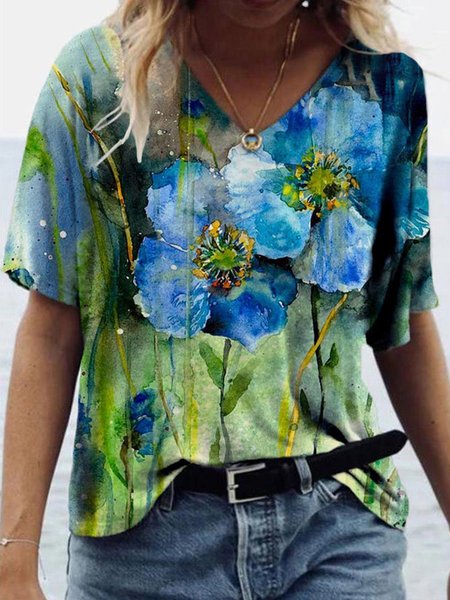 

Top Colorato fiore Pittura Maniche Corte Casuale, Verde, Blouses & Shirts