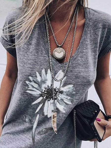 

Print Floral V-Neck Short Sleeves Casual T-shirts, Gray, Auto-Clearance