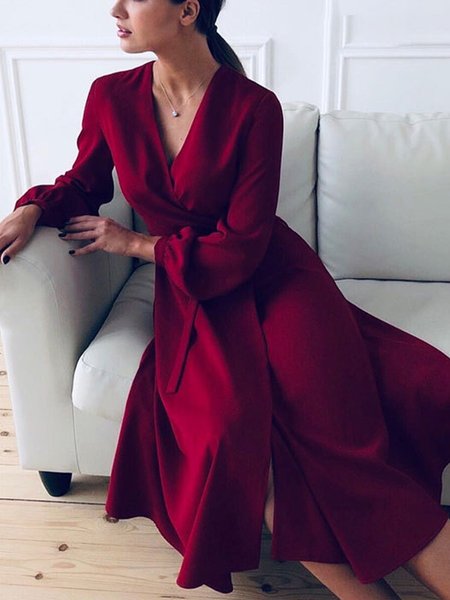V Neck Long Sleeve Formal Midi Dress, Red, Midi Dresses