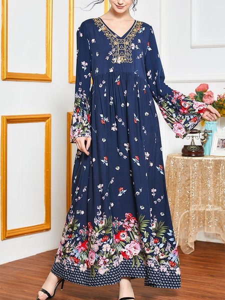 

V Neck Shift Holiday Floral Maxi Dress, Deep blue, Maxi Dresses