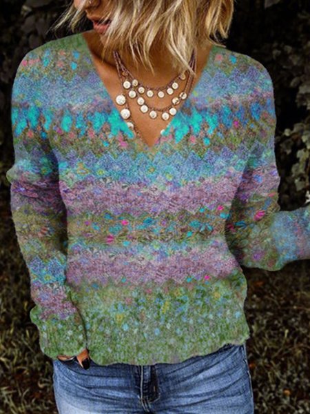 

Plus Size Stripes Cotton-Blend Long Sleeve Shirts & Tops, Multicolor, Knitwear & Sweaters