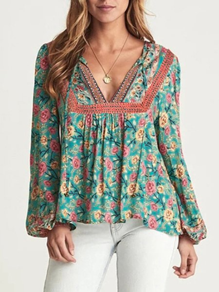 

Boho Long Sleeve Floral Top, Green, Blouses and Shirts