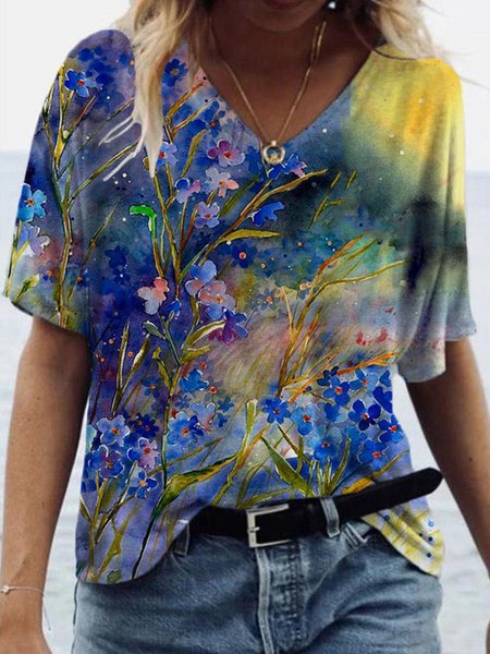 

Colorful Flower Painting Short Sleeve Shift Casual T-shirt, Blue, T-Shirts