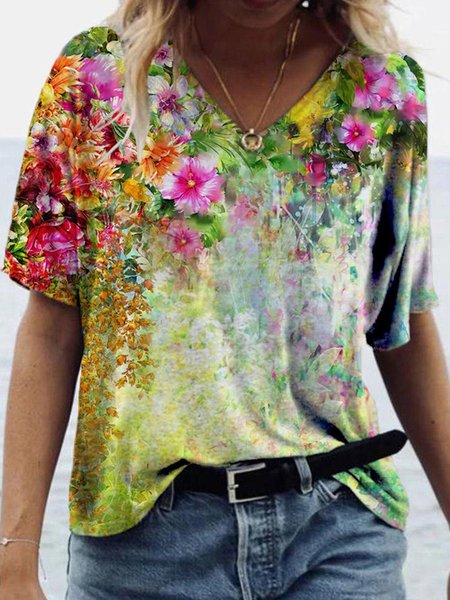

Colorful Flower Painting V Neck Short Sleeve T-shirt, Yellow, T-Shirts