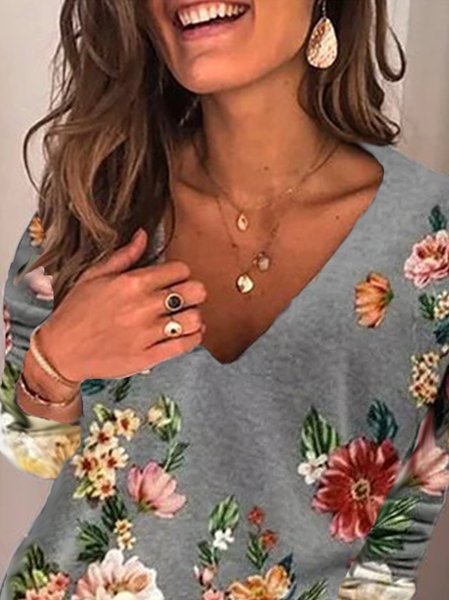 

Long Sleeve Floral-Print Cotton-Blend Tops, Gray, Tops