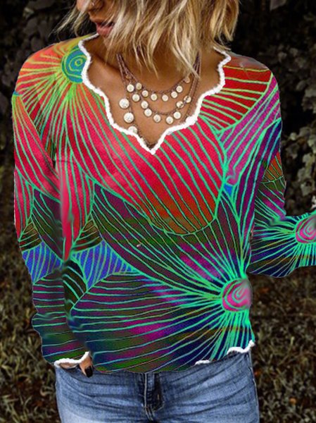 

Floral-Print V Neck Vintage Cotton-Blend Sweater, As picture, Sweaters