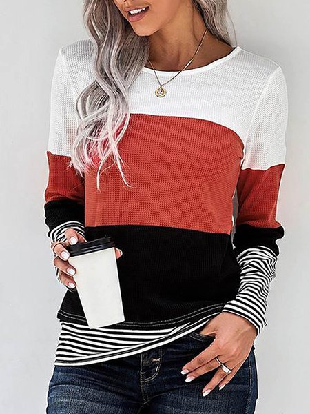 

Round Boat Neck Splicing Color-Block Shirt Tops, White, Long sleeve tops